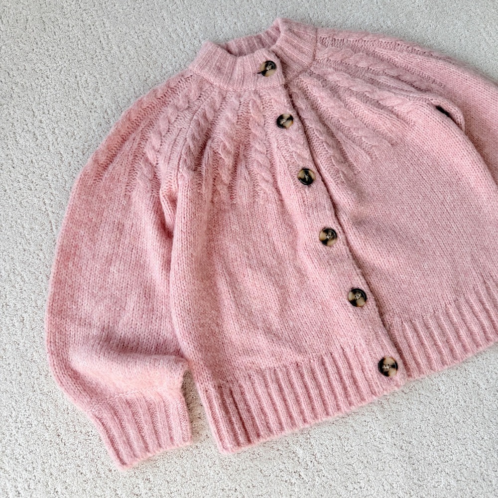 Madewell Harwood Cableknit Mockneck Cardigan Sweater Heather Blush Pink NC660 XS - Picture 2 of 11